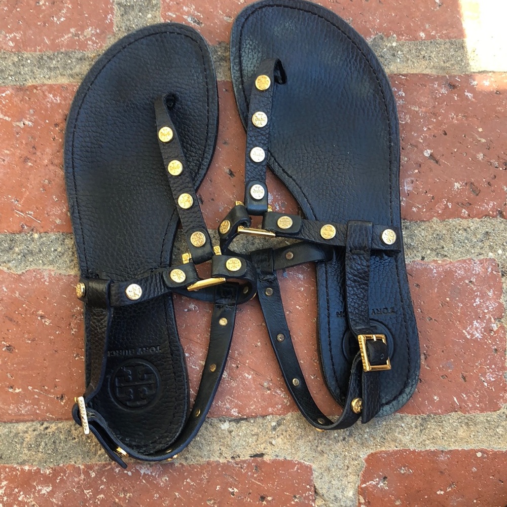 👋🏻 Tory Burch Black & Gold Women's Studded Marge Gladiator Style Flat Sandals
